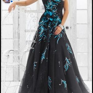 Elegant Black and Blue Embroidered Evening Gown